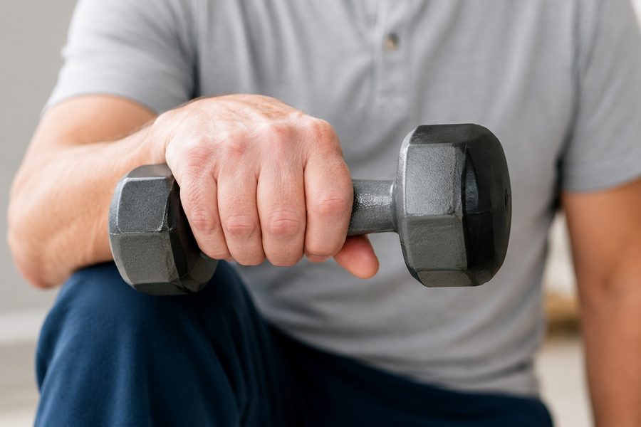 Client doing guided strength rehabilitation exercises with a dumbbell