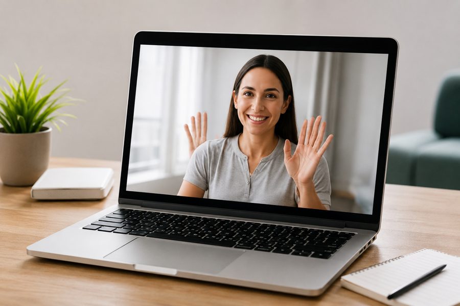 Telehealth physiotherapy consultation on a laptop at home